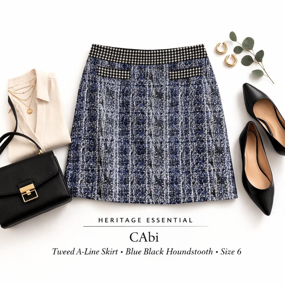 CAbi Tweed A-Line Skirt Blue Black Houndstooth Waist Office Career 6